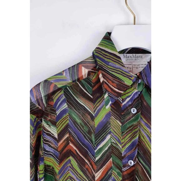 EUC Max Mara 100% Silk Sheer Button-Up Blouse Chevron Green Brown Purple Size 8 - Picture 9 of 9